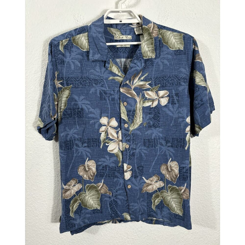 Batik Bay Hawaiian Shirt Size L Blue Floral Silk Short Sleeve Button Up